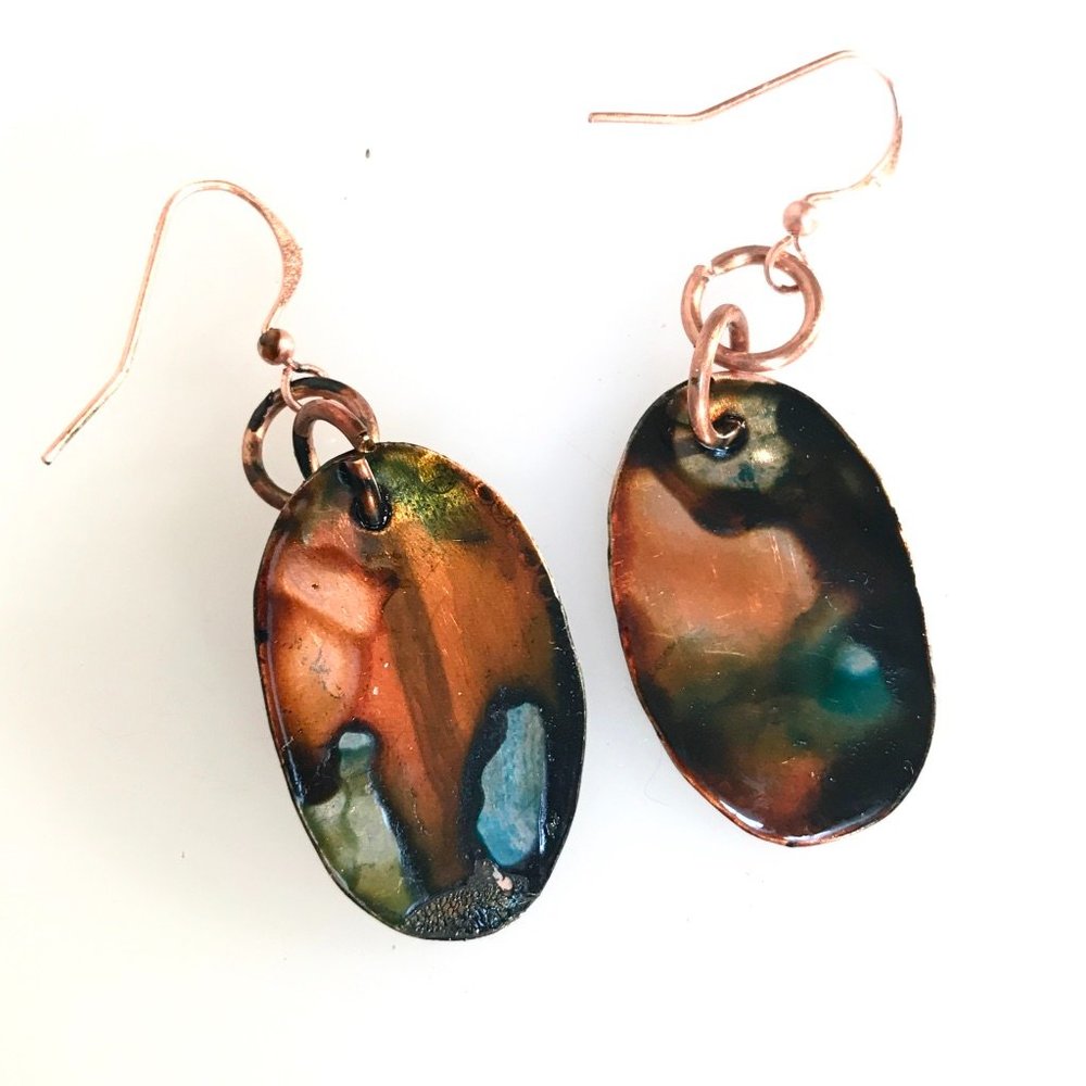 Modernist Geometric Abstract Green Blue Red Orange Solid Copper Earrings Drop - Picture 9 of 10